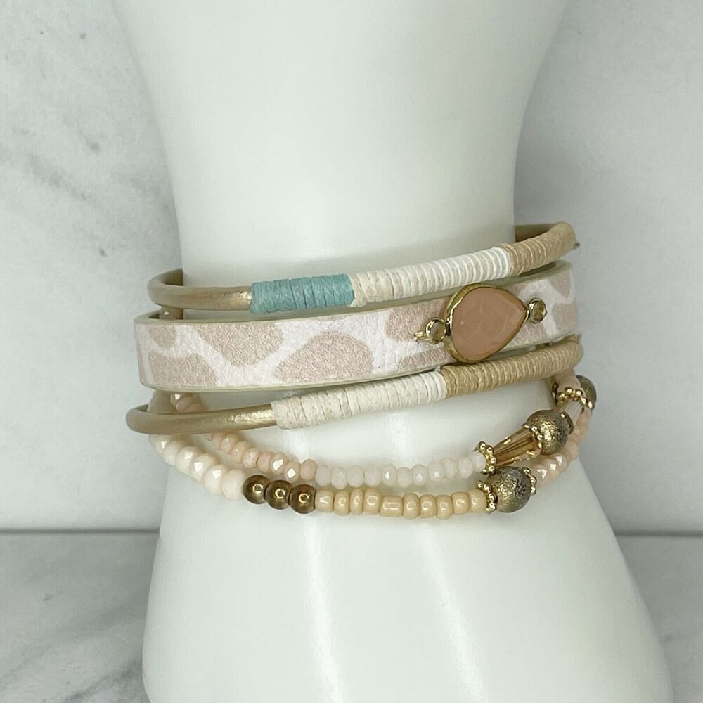 Boho Beaded Faux Leather Strappy Magnetic Close Bracelet
